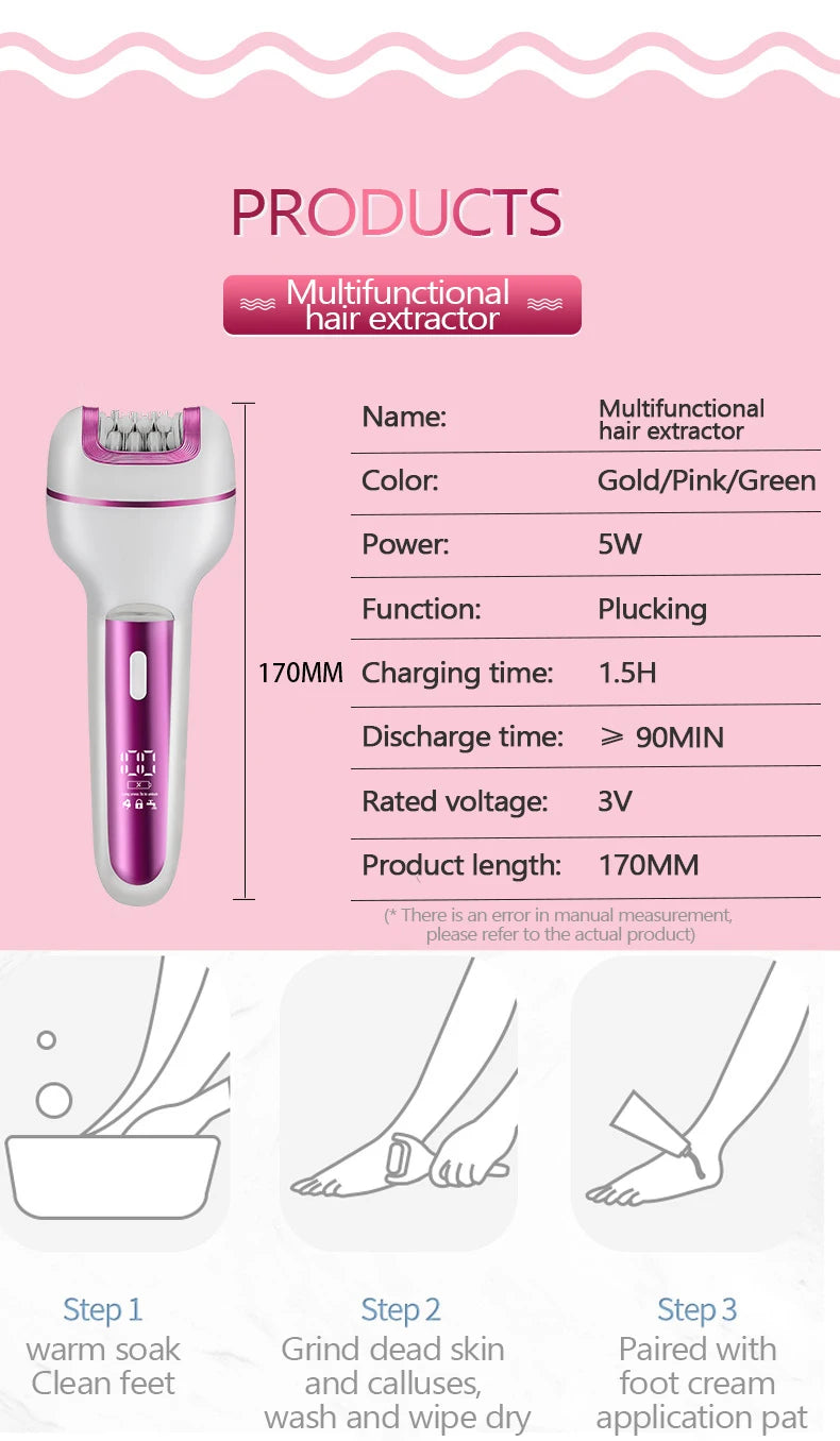 Épilateur Électrique 3-en-1 Rechargeable pour Femme – Rasoir Visage, Corps et Bikini avec Lime Anti-Callosités