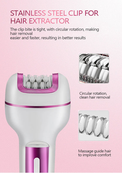 Épilateur Électrique 3-en-1 Rechargeable pour Femme – Rasoir Visage, Corps et Bikini avec Lime Anti-Callosités
