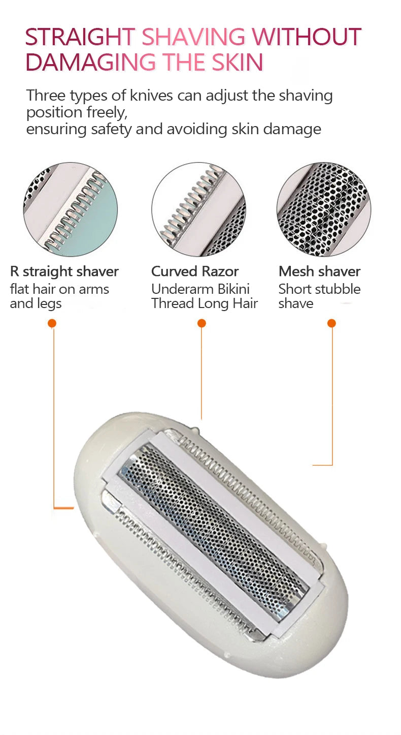 Épilateur Électrique 3-en-1 Rechargeable pour Femme – Rasoir Visage, Corps et Bikini avec Lime Anti-Callosités
