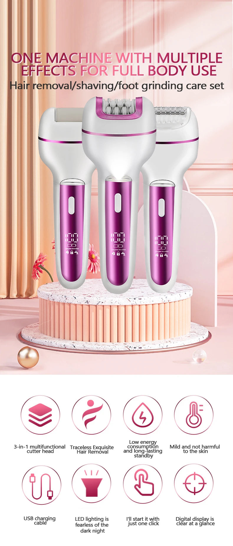 Épilateur Électrique 3-en-1 Rechargeable pour Femme – Rasoir Visage, Corps et Bikini avec Lime Anti-Callosités