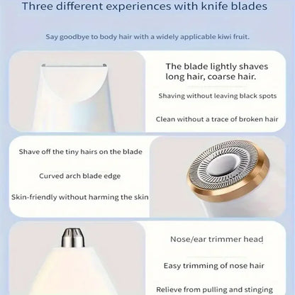 1pc Blissful 3-in-1 Electric Hair Removal Kit for Women - USB Rechargeable Facial Trimmer, Nose Hair Clipper, Full Body Epilator
